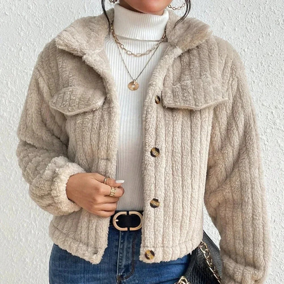 Apricot Casual Women's Flap Detail Fluffy Jacket - Picture 6 of 7